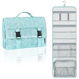 PAVILIA Travel Hanging Toiletry Bag for Women Men, Large Capacity Makeup Bag Kit, Waterproof Cosmetic Storage Organizer Case for Bathroom Shower, Teal Chevron