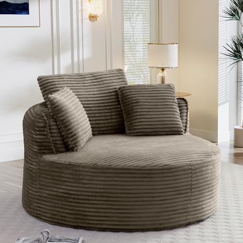 Image of Antetek 53.5-inch Round Chair, Modern Accent Corduroy Comfy Deep Seat Boneless Foam Floor Single Circle Chaise Sofa Chair with 3 Pillows for Living Room Bedroom Office, No Assembly Required, Camel