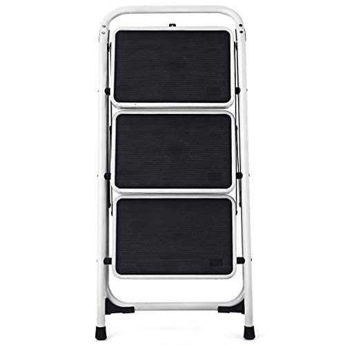 Goplus 3 Step Ladder, Folding Heavy Duty Step Stool Lightweight Steel Ladder with Handgrip and Wide Anti-Slip Platform for Kitchen Shop, 340lbs Capacity (Black)