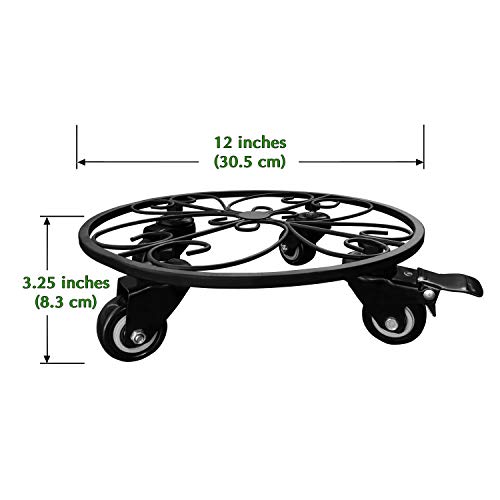 Iron Potted Plant Stand on Steel Casters (No Plastic), 12", Metal Plant Stand on Rollers, Flower Pot Trolley, Round Plant Caddy, Planter Movers with Locking Round Wheel, Plant Caddie, Pot Dolly
