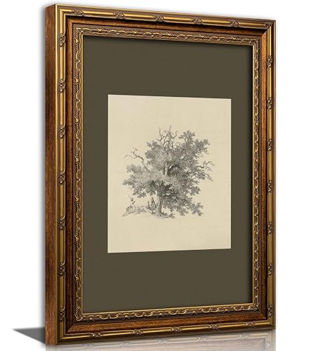 Myzoran Gold Framed Vintage Tree Wall Art Prints, Farmhouse Tree Sketch Landscape Pictures Painting,Rustic Neutral Vintage Siege Green Artwork,for Bathroom Bedroom Gallery Home Decor(12" x 16")