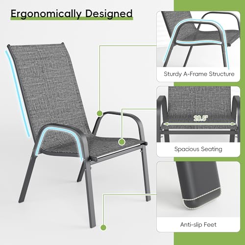 Image of Patio Chairs Set of 8, Stackable Outdoor Dining Chairs for All Weather, Metal Modern Outside Furniture Chair for Pool Side, Garden, Backyard Deck, Dark Grey