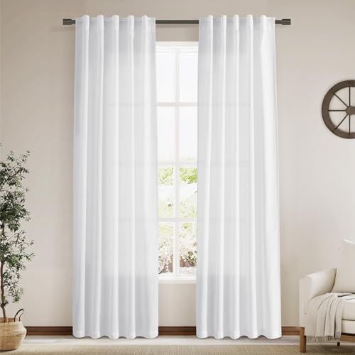 Image of Nanspring White Linen Curtains 84 Inch Length 2 Panels Set for Living Room Back Tab Light Filtering Semi Sheer Curtain for Bedroom Farmhouse Drapes, 40x84 Inch, 2 Panels