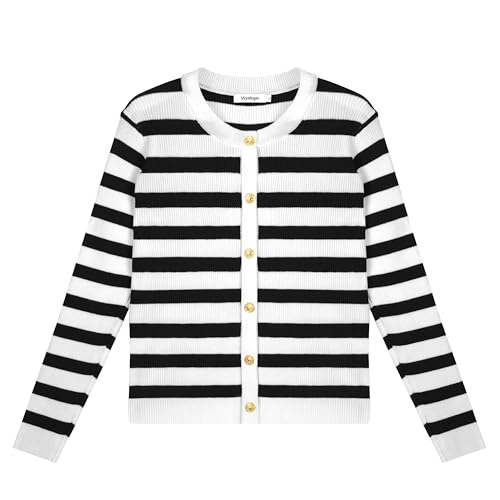 Image of Women's Striped Cardigan Sweaters Lady Jackets Open Front Button Down Cropped Knit Coat Oufits Trendy Outerwear