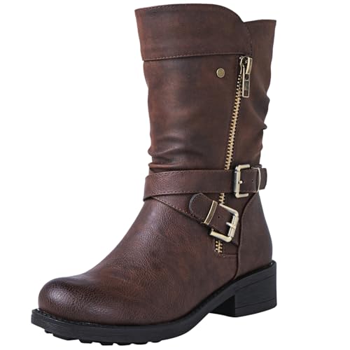 GLOBALWIN Women's Mid-Calf Boots Round Toe Zip-Up Slouch Booties with Buckle Strap Casual Spring Fall Winter Brown Boots For Women With low Heel Comfortable For Walking Size 7M - image 1