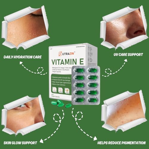 Image of Vitamin E 400 mg Capsules with Wheatgerm Oil & Omega 3 | Vitamin E Capsules for Face and Hair | Antioxidant Support | 50 Softgels