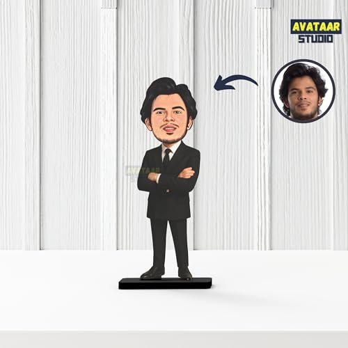 Image of Personalized Workaholic Caricature Gift Custom Office Desk Avatar Birthday Gift for Friend Colleague Unique Corporate Gift for IT Professionals (MAN in Suit 3, 7 INCHES)