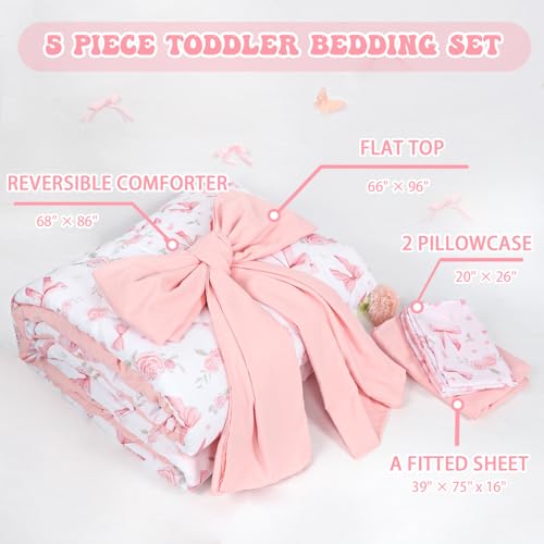 Image of Twin Kids Comforter Set for Girls Pink Rose, 5 Pieces Bed-in-a-Bag Toddler Bedding Set Soft Breathable, Cute Bow Flower Print, Includes Reversible Comforter, Fitted Sheet and Flat Sheet, 2 Pillowcases