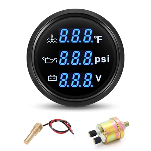 ARTILAURA Triple Gauge Set 3in1 (Oil Pressure+ Water Temperature + Voltmeter) 2" 52mm Blue Backlight AUTO Boat Gauge Kit with Sensor (Black)