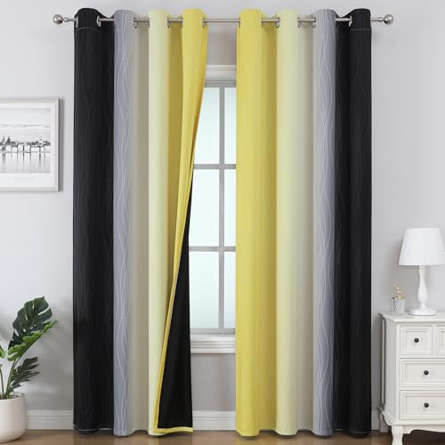 Estelar Textiler Black and Yellow Ombre Blackout Curtains for Bedroom, Thermal Insulated Blackout Drapes, Full Light Blocking Energy Saving Long Curtains for Living Room, 52Wx96L, 2 Panels