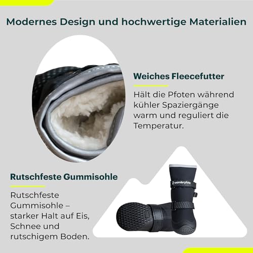 Wanderpfote Hundeschuhe im 4er-Pack – Wasserdichter Pfotenschutz für draußen mit Anti-Rutsch-Sohle, kuscheligem Fleece & reflektierenden Details (Schwarz, 5)