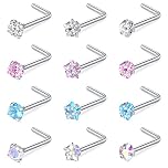 WillTen 20G Nose Studs L Shape Women Nose Studs Colorful Diamond CZ Silver Stainless Steel Heart Start Piercing Jewelry 12PCS