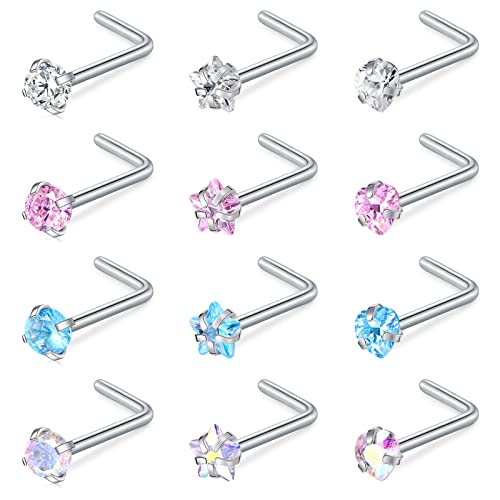 WillTen 20G Nose Studs L Shape Women Nose Studs Colorful Diamond CZ Silver Stainless Steel Heart Start Piercing Jewelry 12PCS