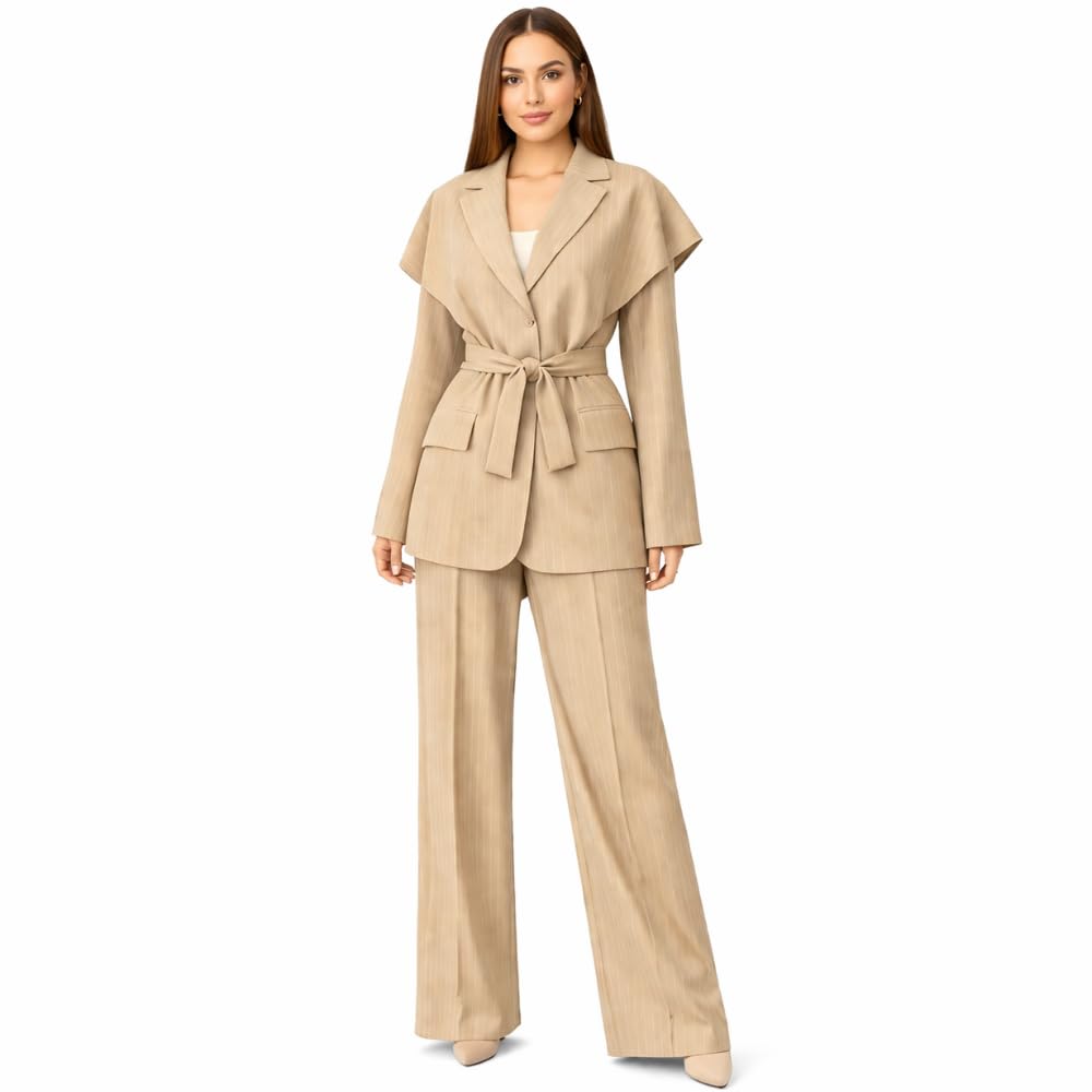 Tailleur Femme Élégant 2 Pièces Rayé – Blazer Ceinturé Structuré et Pantalon Large Fluide – Ensemble Chic
