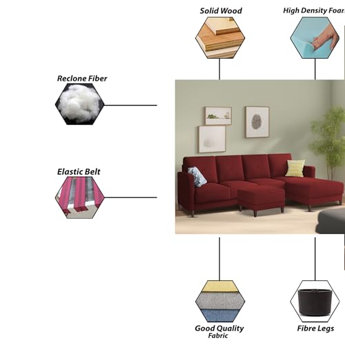 Image of Baloney RHS 6 Seater L Shape Sofa Set with Center Table for Living Room (Maroon Fabric) Premium Fabric Sofa