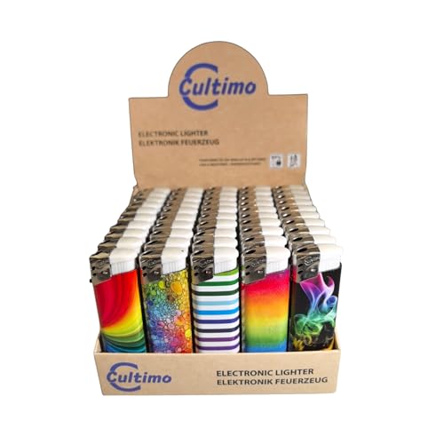 Cultimo 50 Stück Elektronik Feuerzeuge mit Motive, Nachfüllbar & Kindergesichert | Feuerzeug Lighter elektronische, Gas befüllt (Rainbow) Cultimo 50 Stück Elektronik Feuerzeuge mit Motive, Nachfüllbar & Kindergesichert | Feuerzeug Lighter elektronische, Gas befüllt (Rainbow)