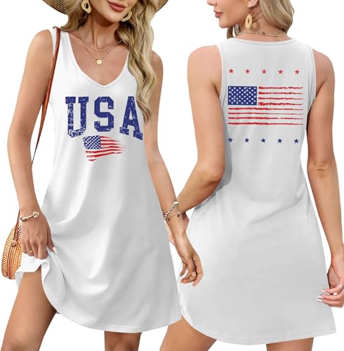 Image of LHBNK 4th of July Dress for Women: American Flag Tank Dresses Star Striped Splicing Loose V Neck Sundresses