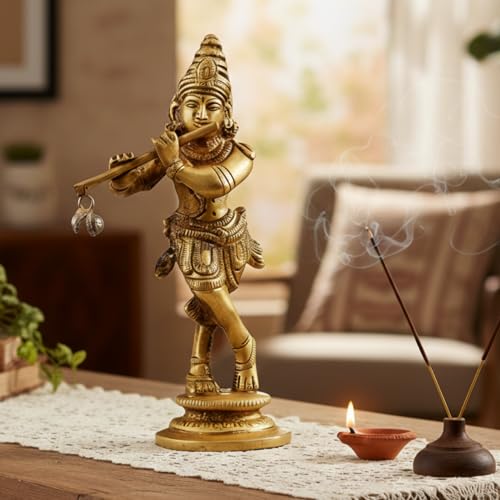 Image of 100% Pure Brass Lord Krishna Idol with Flute 12 cm | Handcrafted Shree Krishna Murti for Home Temple & Decor | Small Kanha Ji Statue for Office Desk | Spiritual Housewarming Gift