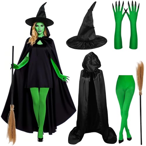 SGFNXB Halloween Costumes Adult Women 5 PCS Witch Costumes Set Witch Cape Hat Gloves Stockings and Broom World Book Day Costume for Halloween Christmas Cosplay and Themed Parties for 14+