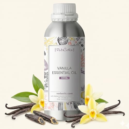 Image of VedaOils Vanilla Essential Oil for Skin and Hair 500ml - Pure & Natural Vanilla Essential Oil for Diffusers, Home Fragrance, Candle & Soap Making and Aromatherapy 500ml
