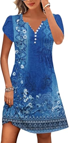 Image of Disamer Womens Casual Dresses Short Sleeve Summer Dresses 2026 Boho Floral Beach Sundresses Spring A-Line Dress with Pockets