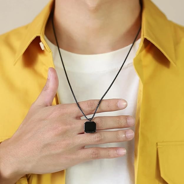 Image of Men's Jewellery Black Chain For Men Boys Geometric Stainless Steel Black Locket Pendant with 3D Chain combo pack of 2pcs gifts