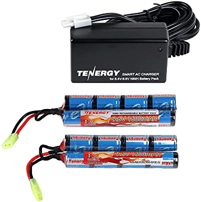 Tenergy Charger and 2 Pack 9.6V NiMH 1600mAh Rechargeable Butterfly Battery Packs with Mini Tamiya Connector for Airsoft AEGs