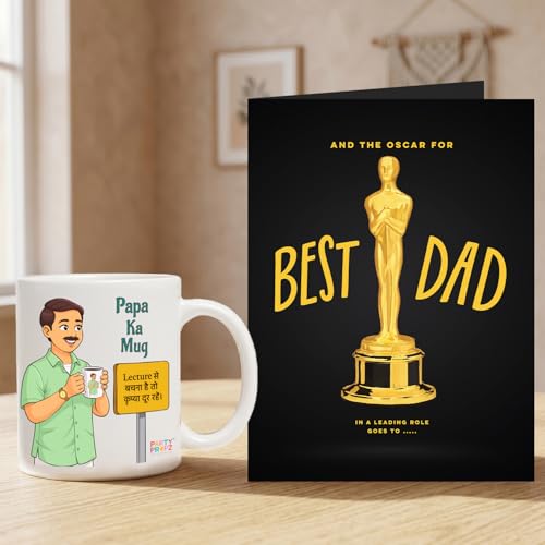 Image of Party Propz Happy Fathers Day Mug and Greeting Card Kit - 2 Pcs Coffee Mug for Dad with Best Dad Oscar Card, Papa ka Mug, Best Dad Gifts, Fathers Day Gift, Gifts for Papa (Cardstock, Ceramic)
