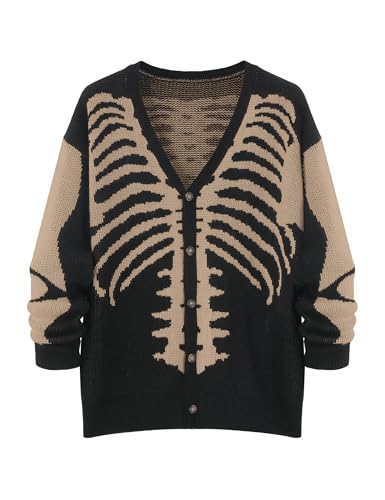SECRETEYARD Mens Skeleton Pattern Y2K Chunky Cardigan Sweaters Long Sleeve Unisex Outwear Knitted Coats Khaki