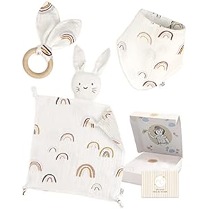 nudu Baby – Geschenkset – Schmusetuch – Lätzchen – Beißring – 100% Baumwolle – Musselin Tuch – Geschenke zur Geburt – Baby Geschenk Junge – Rainbow