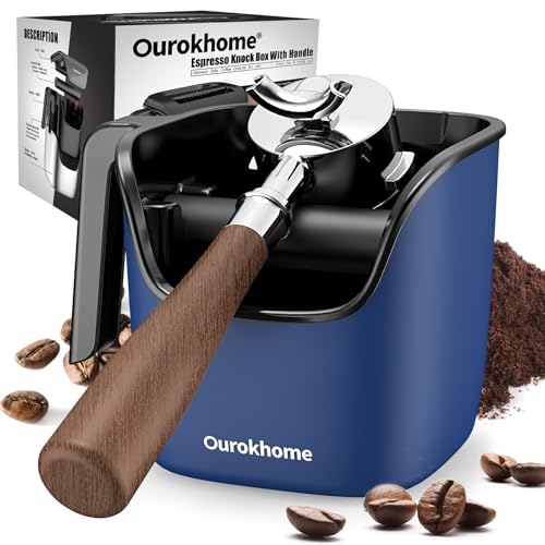 Ourokhome Espresso Knock Box with Lid, Compact Coffee Grounds Container for Home Coffee Bar, Removable Knock Bar, 304 Stainless Steel Exterior, Non-Slip Base & Handle, Easy Clean (Deep Blue)