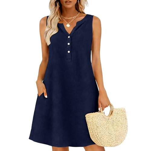 Abito Estivo Donna Cotone Lino Vestito Corto Senza Maniche Lunghezza