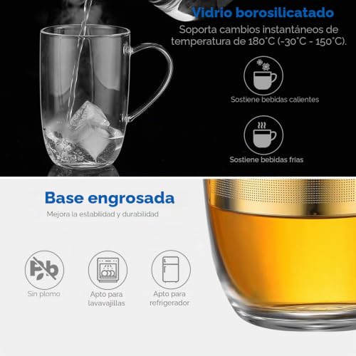 Miniatura 4 de Ecooe 440ml Taza De Te Con Filtro Y Tapa, Tazas De Te Grande De Borosilicato Con Filtro De 18 10 Inox, Para Te Negro Te Verde Té De Frutas