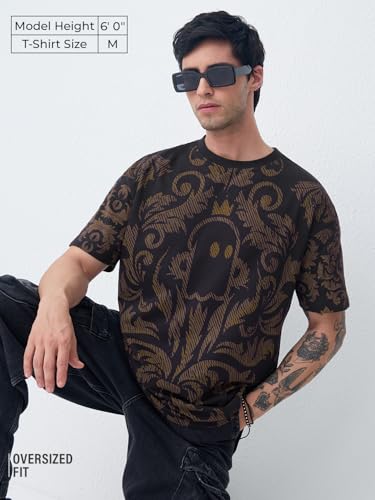 Image of The Souled Store Oversized T-Shirt: Regal Men and Boys Short Sleeves Round Neck Black Graphic Printed Cotton Drop Shoulder Everydaywear Streetwear Casual Oversized T-Shirt