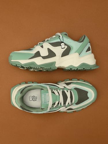 Image of The Souled Store Fumes NX: Sage Men and Boys Low Top Sneakers Green and Off White Streetwear Chunky Trainer Breathable Mesh Cushioned Midsole Durable Sole Lace Up Lightweight Padded Collar