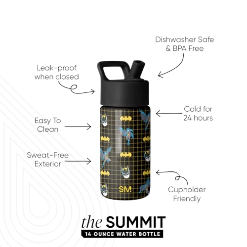Image of Simple Modern DC Comics Batman Kids Water Bottle with Straw Lid | 14oz Insulated Stainless Steel Kids Tumbler & Spill Proof Toddler Cup for School, Girls, Boys | Summit | Batman Icons