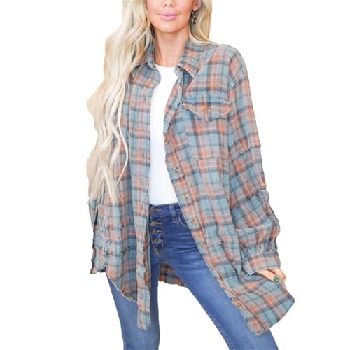 Women's Seams Raw Edge Washed Oversized Shirt Jacket Boyfriend Button Down Tartan Long Jacket Coats with Pockets
