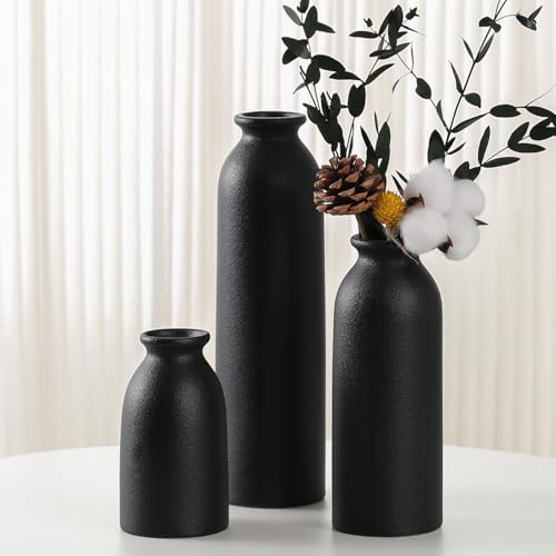 Modern Ceramic Vases Set 3 Pieces Decorative Flower Vases in Various Sizes (Black)