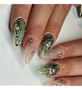 Green French Tip Press on Nails Medium Almond Fake Nails with 3D Sun Totem Pearl Design Glue on N...