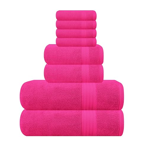 GLAMBURG Ultra Soft 8-Piece Towel Set - 100% Pure Ringspun Cotton Contains 2 Oversized Bath Towels 27x54 2 Hand Towels 16x28 4 Wash Cloths 13x13 - Ideal for Everyday use Hotel & Spa - Hot Pink