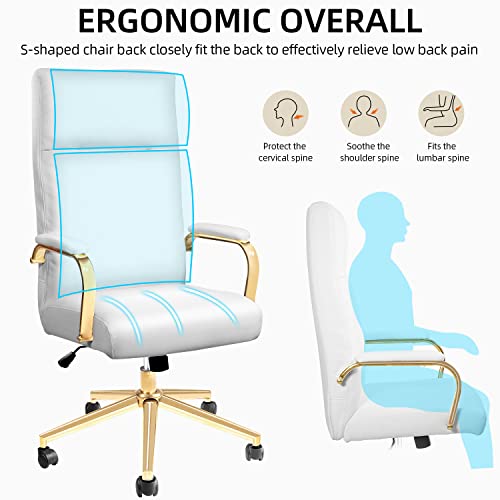 Toszn White And Gold Office Chair, Office Chair Gold, Executive Office Chair With Back Support And Armrest, High Back Leather Office Chair For Women, Desk Chairs With Wheels And Gold Legs, White #TOP3