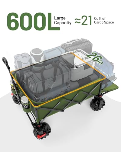 Image of TIMBER RIDGE 600L Beast Wagon 26 inch W Extra Wide All Terrain Folding w /Big Wheels, Cargo Net & Tailgate, 400lbs Heavy Duty Portable Cart 54.5 inch L Large Collapsible Wagons for Camping, Sports, Dogs, Green