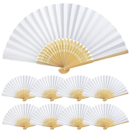MAOOY 50 Stück Weiß Fächer Hochzeit|Gäste Fächer |Handfächer|Hochzeitsfächer Faltfächer |Gäste Geschenk Bambus Papierfächer Vintage Schnitzerei für Hochzeit Deko Diy Sommer Party