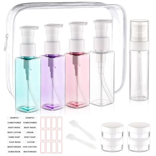 Wowang 9 PCS Travel Bottles for Toiletries 3.4oz Plastic Pump Bottle Dispenser TSA Approved Leak Proof Travel Size Containers 2oz Spray Bottle 0.35 Small Cream Jars Refillable Plastic Toiletry Bottles