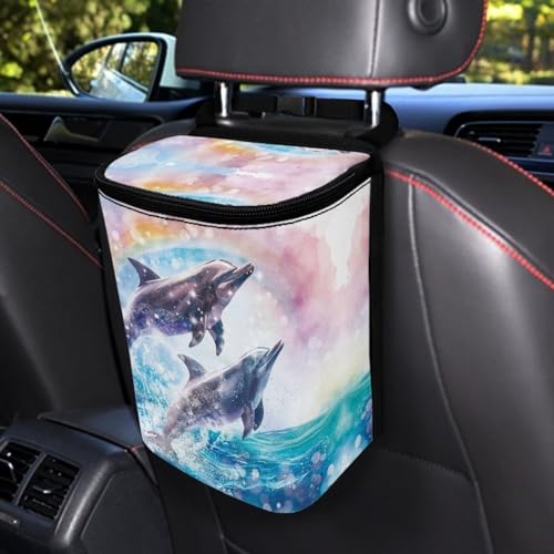 Image of Talayituse Dolphin Rainbow Print Car Trash Can, Portable Auto Garbage Bin Multifunctional Vehicle Interior Accessories with Adjustable Straps Universal Fit Truck SUV Sedan