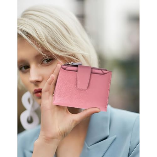 Image of FALAN MULE Women's Genuine Leather Wallet, Compact Size, RFID Blocking, 14 Slots, 2 Zippered Pockets, 2 Bill Compartments, Includes Coin Pouch, Card Holders, AY-Lichee Pink