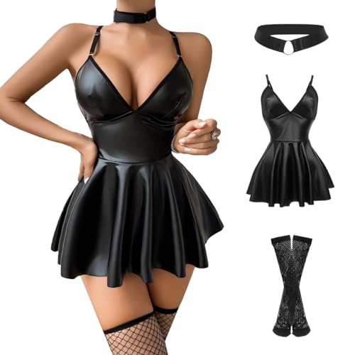 Todetana PU Leather Lingerie Dress for Women Deep V-Neck Backless Bodycon Mini Dress with Adjustable Neck Ring Sexy Faux Leather Clubwear, 3 Pack Set Black