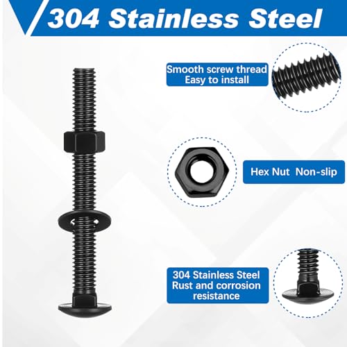 Image of Zonon 50 Sets 1 /4-20 x 2-1 /2 Stainless Steel Carriage Bolts and Nuts Kit Round Head Square Neck Carriage Bolts Screws and Hex Nuts and Flat Washers, Stainless 18-8 Full Thread Coverage (Black)
