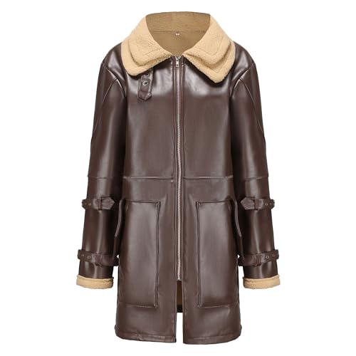 Men's Long Winter Leather Jacket Male Sherpa Fleece Lapel Pu Coat Fur Collar Heavyweight Retro Leather Outwear