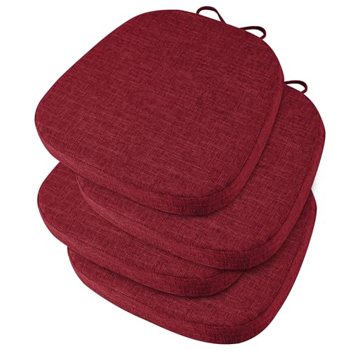 Image of OVOV 14x14 Chair Cushions for Metal Dining Chairs Set of 4 Red | Non Slip, Washable Removable Cover with Ties, Textured, for Dining Room, Kitchen Cafes Bistro Patio, Stackable Chairs